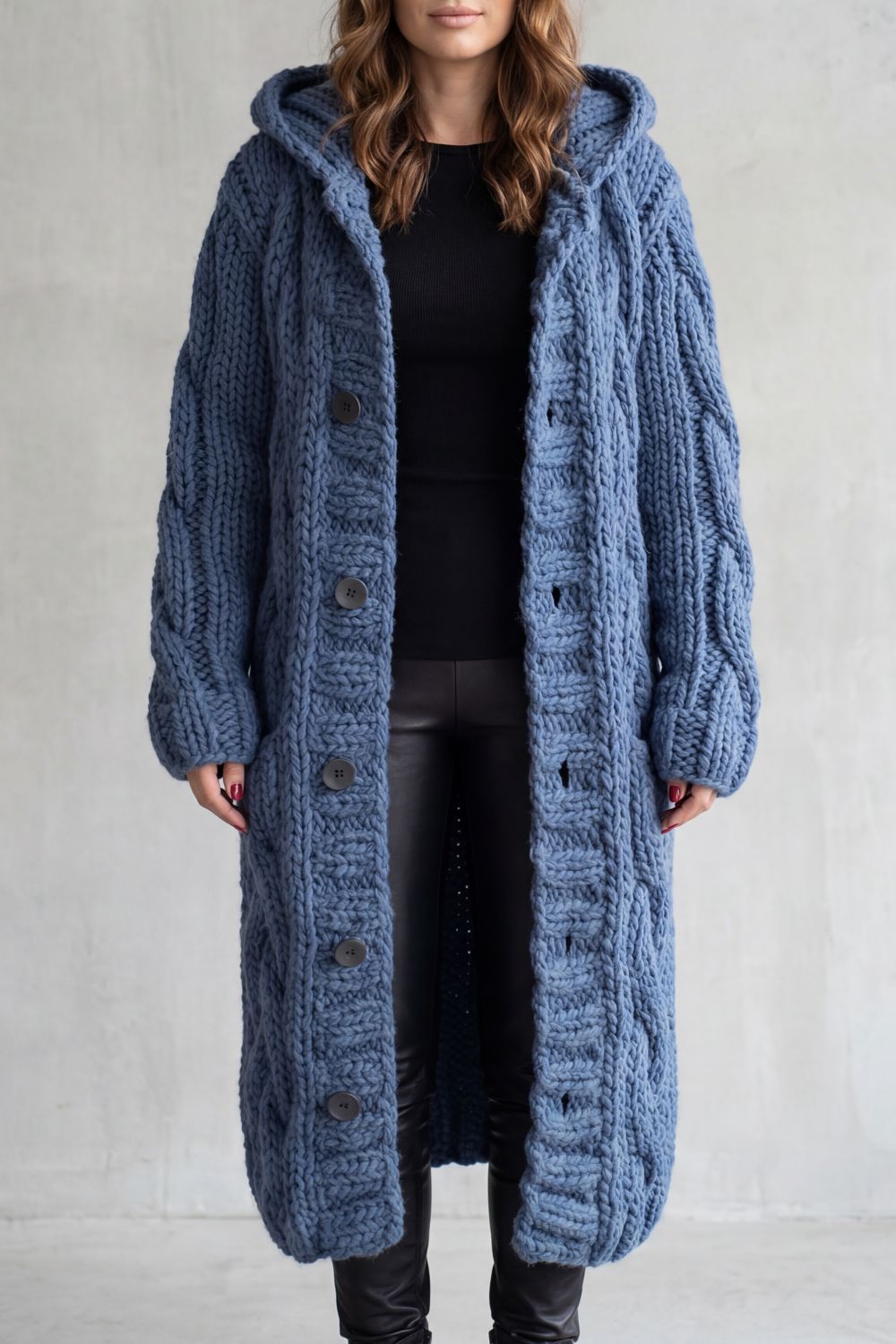 Rowenna | Women's Hooded Cable Knit Cardigan Coat - Blue - Image 1
