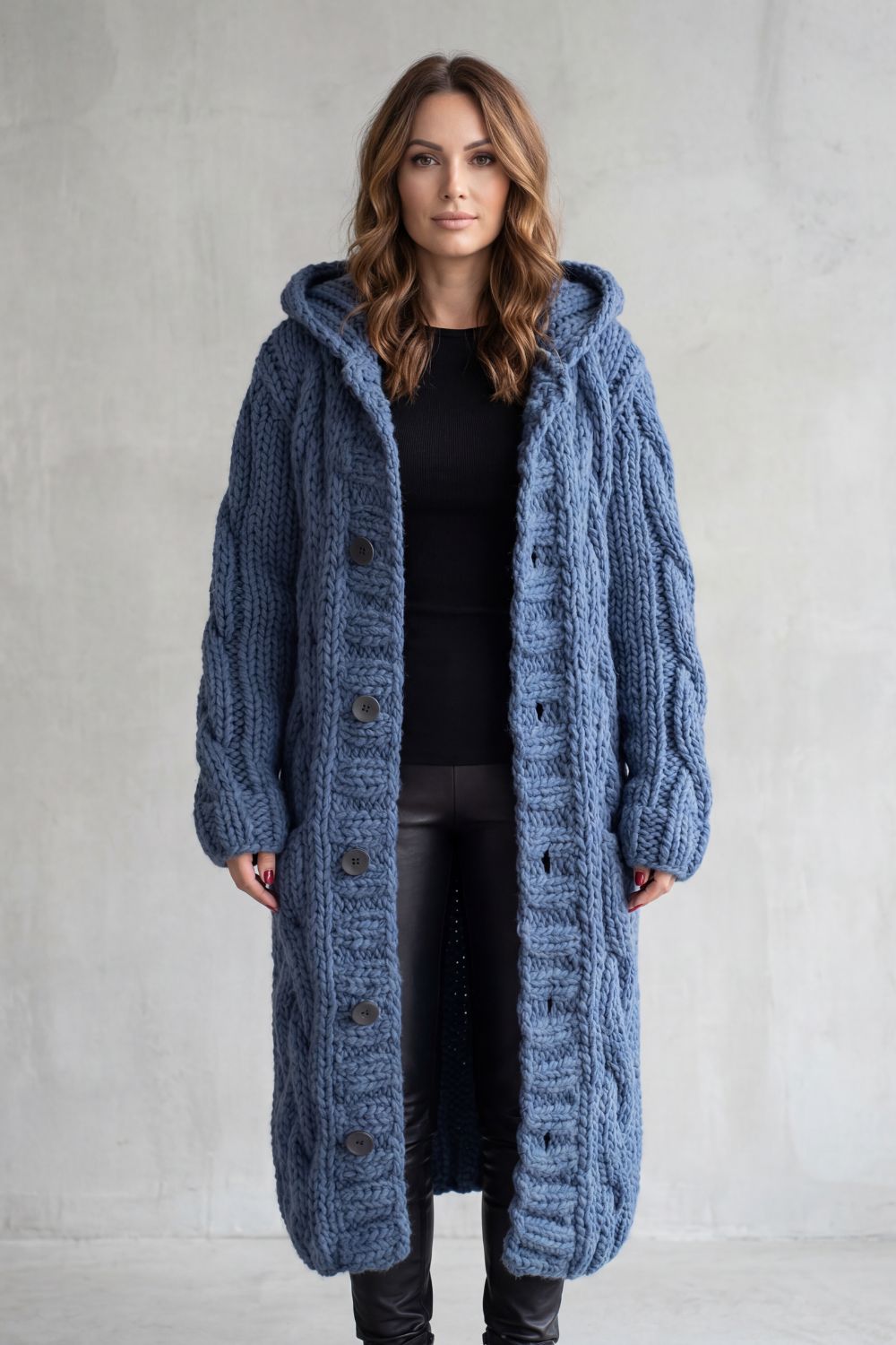 Rowenna | Women's Hooded Cable Knit Cardigan Coat - Blue - Image 2