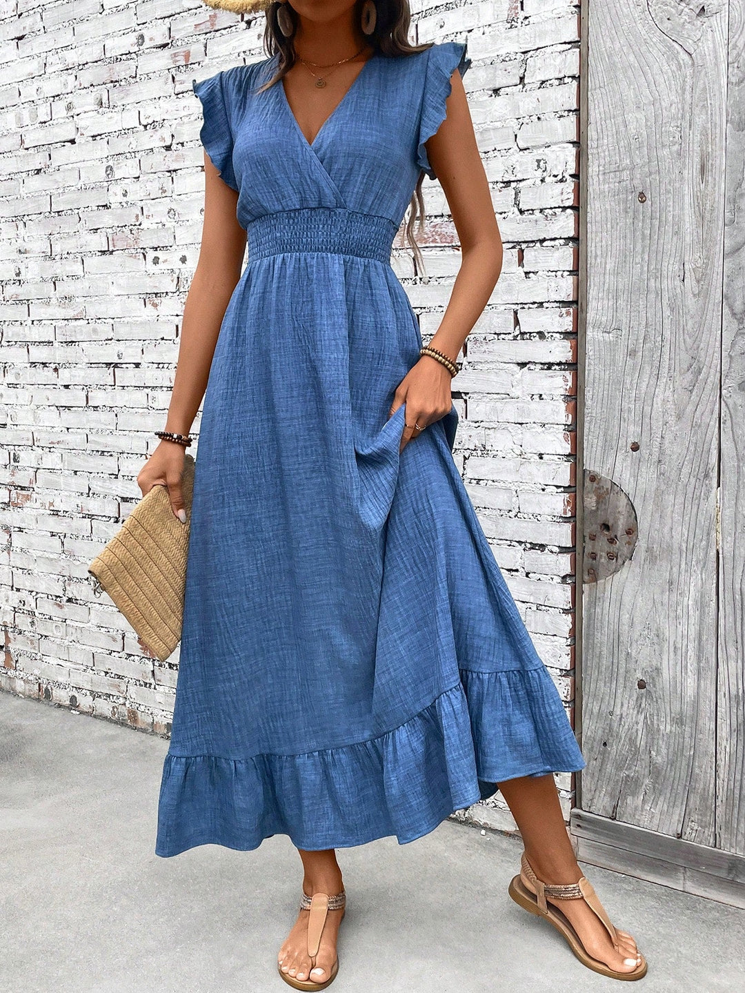 Saskia | Women's V-Neck Smocked Waist Ruffle Maxi Dress - Blue - Image 1