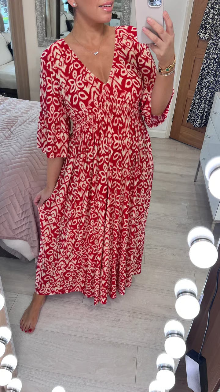 Scarlett | Women's V-Neck Printed Midi Dress - Image 1