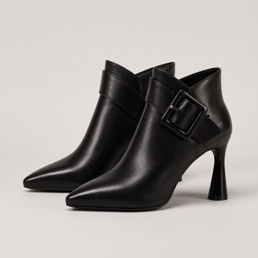 Selvaine | Women's Buckle Strap Pointed Toe Ankle Boots - Black - Image 1