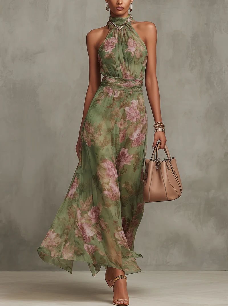 Selvaine | Women's Christmas Party Dress Floral Maxi - Sage - Image 1