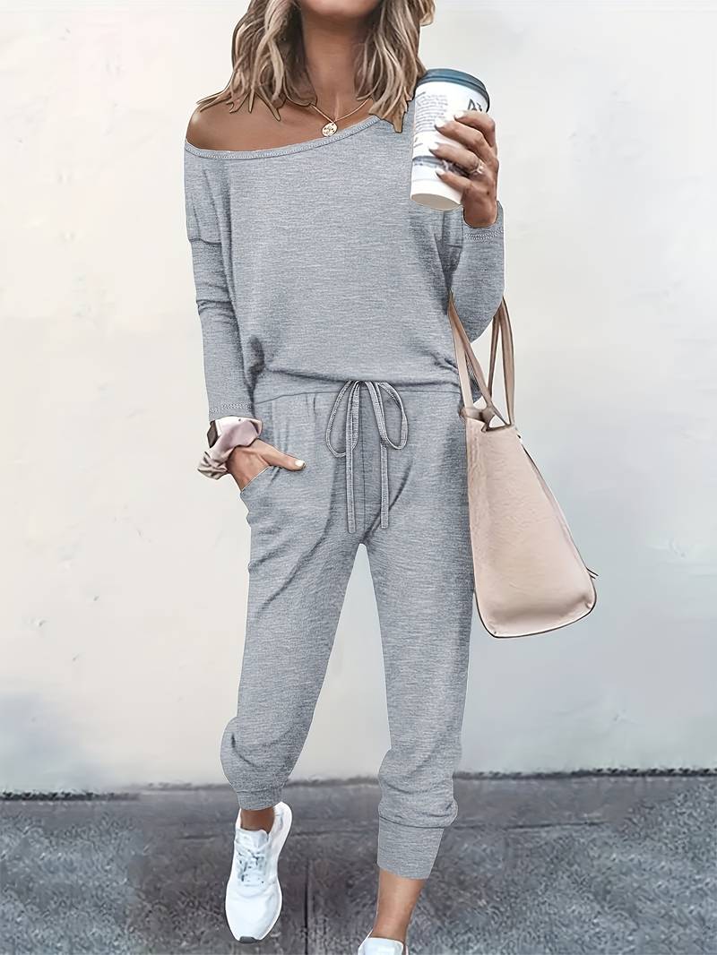 Selvina | Women's Knit Lounge Co-ord Set - Light Grey - Image 1