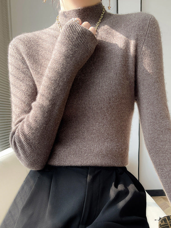 Selvora | Women's Turtleneck Ribbed Jumper - Taupe - Image 1