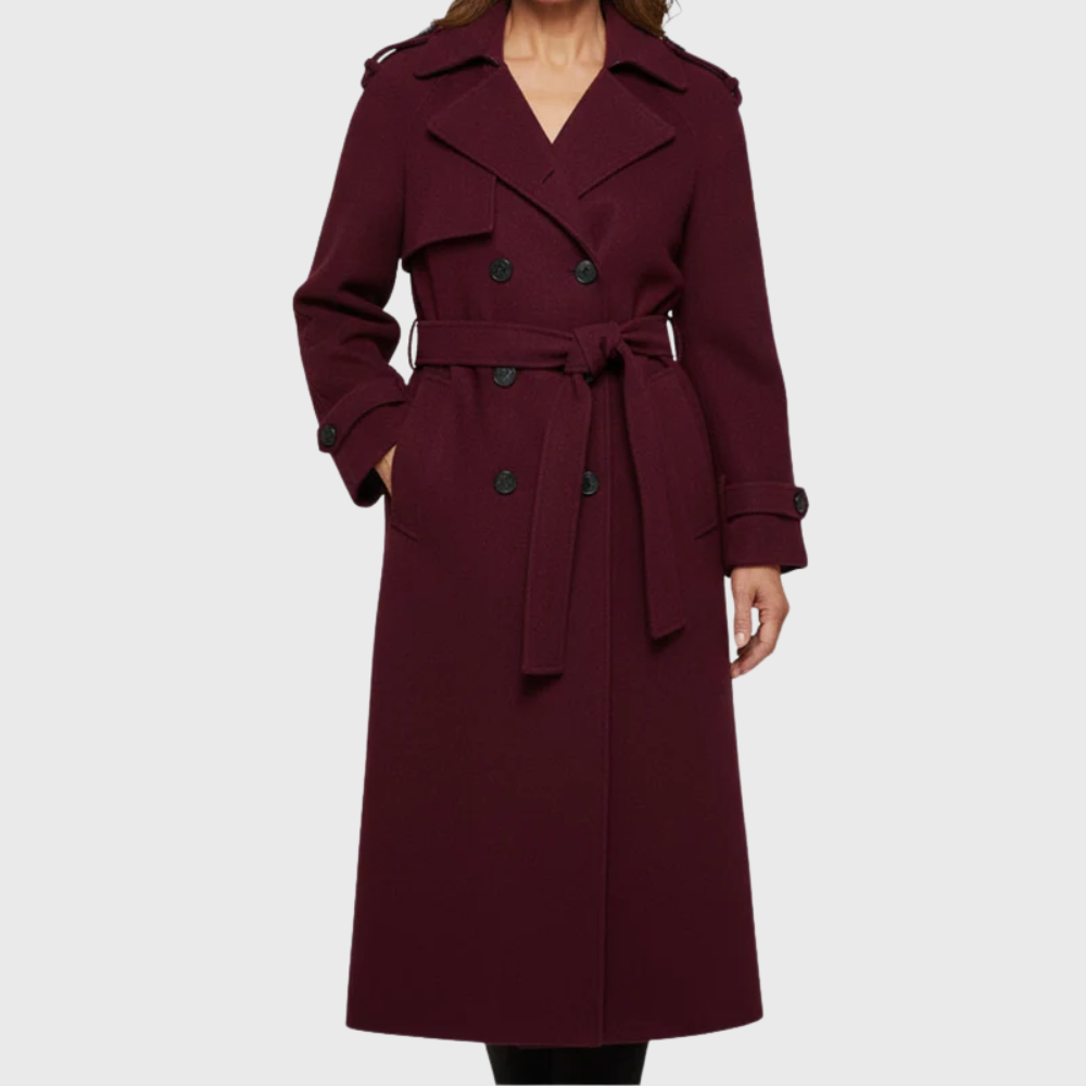 Serendipity | Women's Double Breasted Long Trench Coat - Burgundy - Image 1