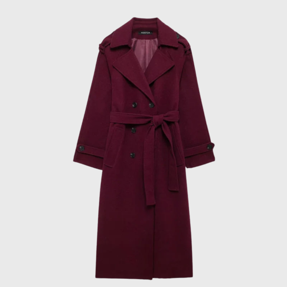 Serendipity | Women's Double Breasted Long Trench Coat - Burgundy - Image 2