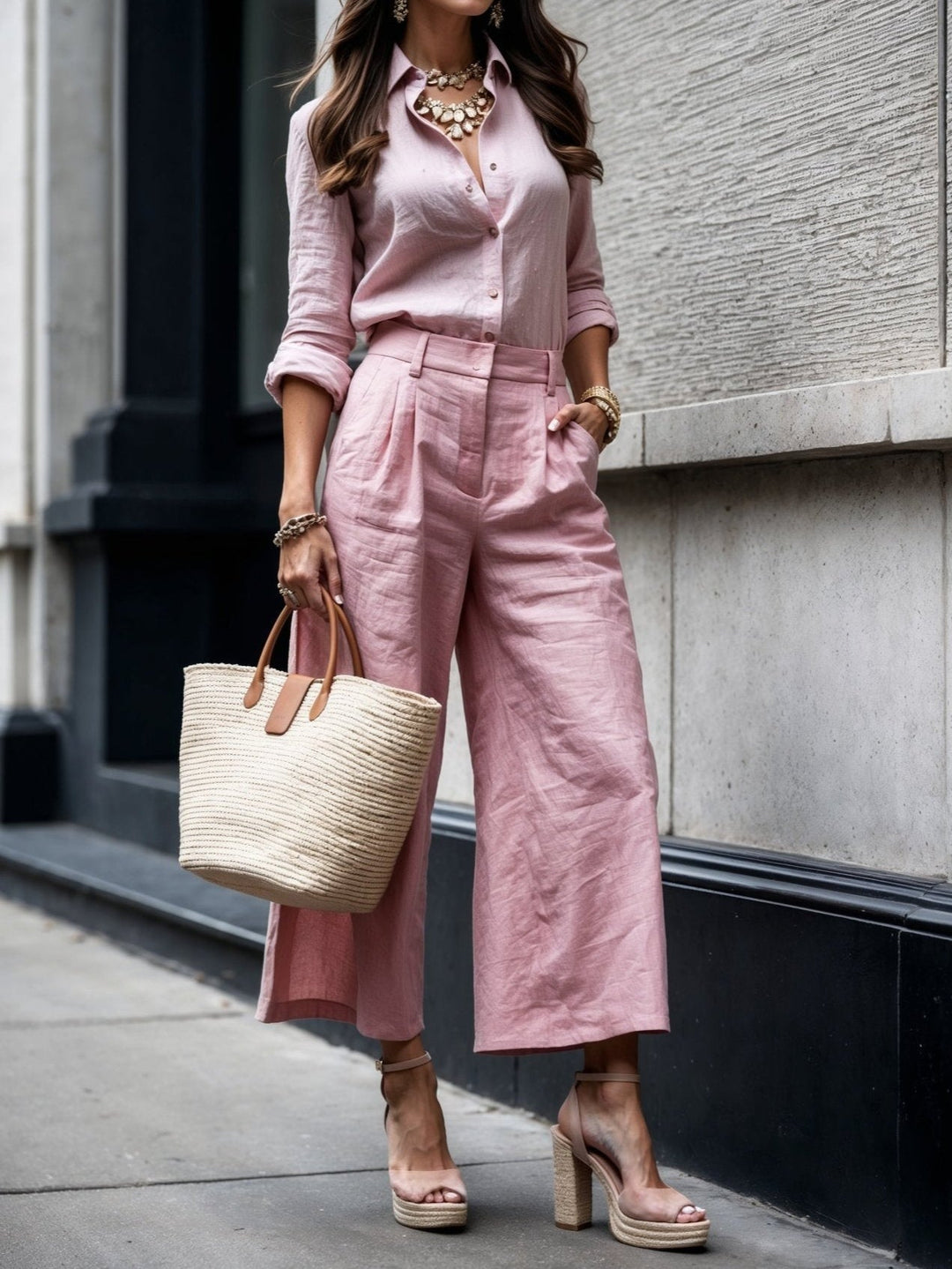 Serenella | Women's Button Down Shirt Wide Leg Pants Set - Image 1
