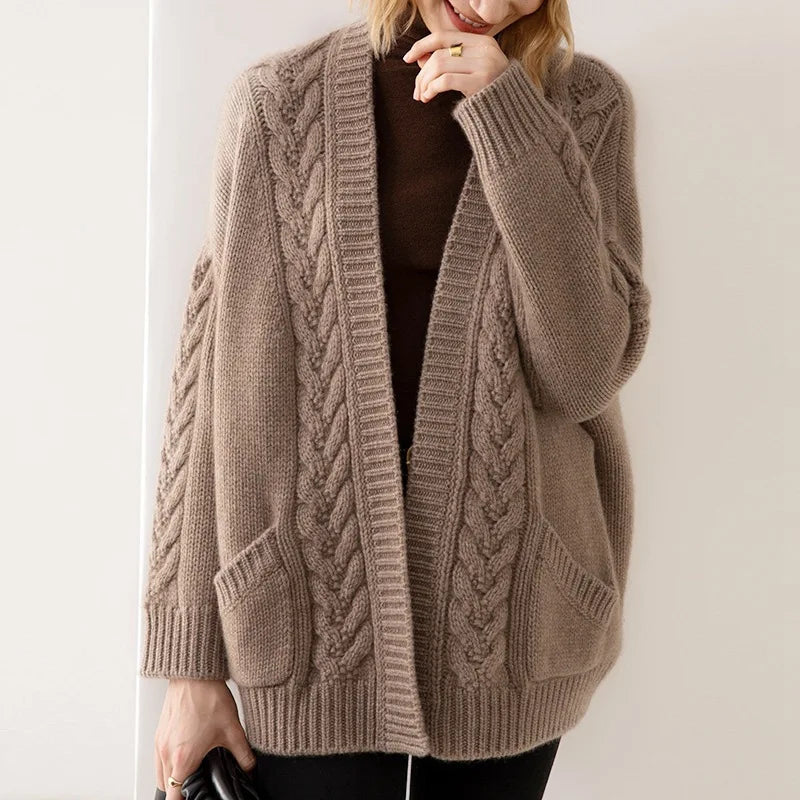 Serenella | Women's Cable Knit Long Sleeve Cardigan - Image 2