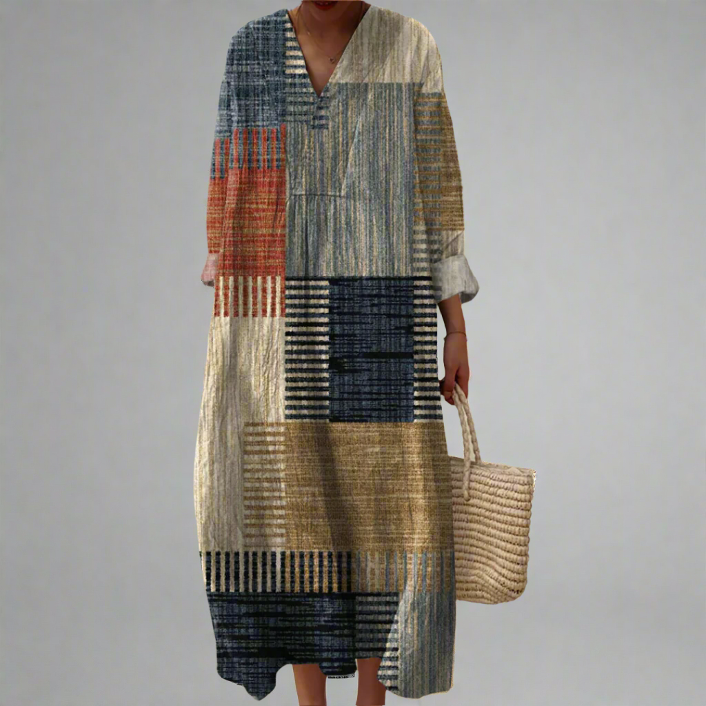Serenity | Women's Patchwork Geometric V-Neck Maxi Dress - Image 1
