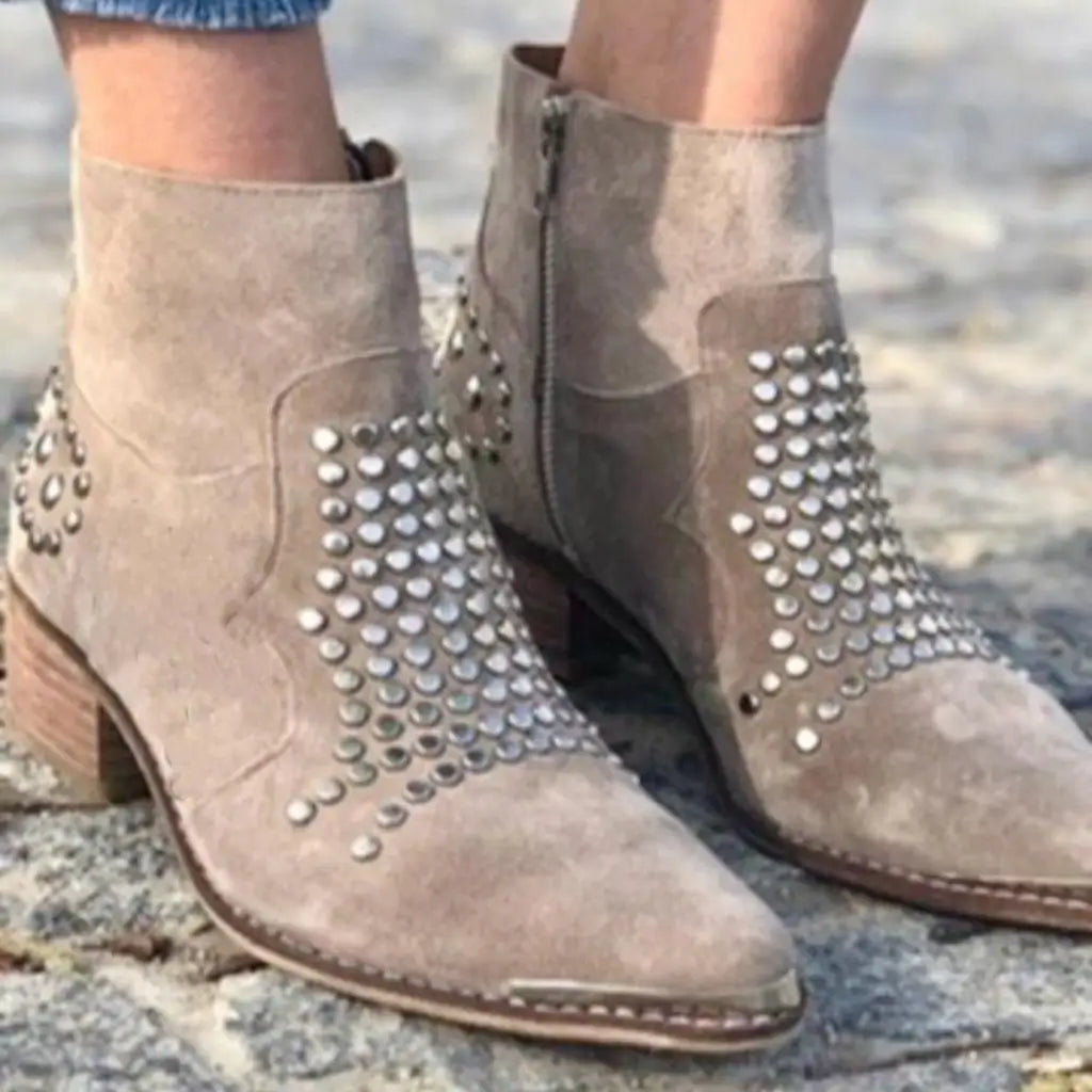 Serenity | Women's Studded Ankle Boot - Beige - Image 1