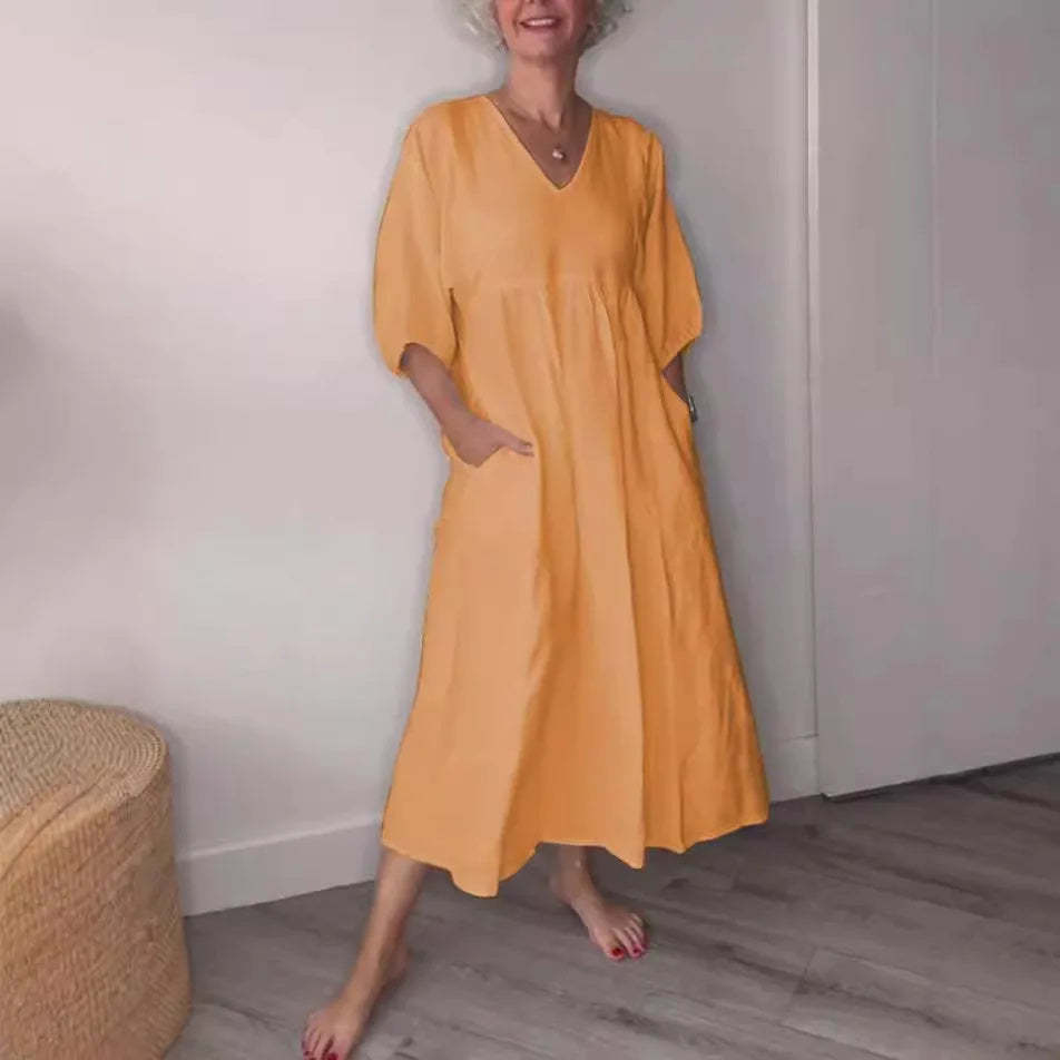 Serenity | Women's V-Neck 3/4 Sleeve Midi Dress - Orange - Image 1