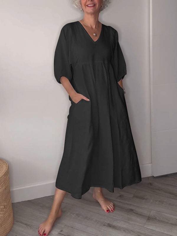 Serenity | Women's V-Neck 3/4 Sleeve Midi Dress - Orange - Image 2