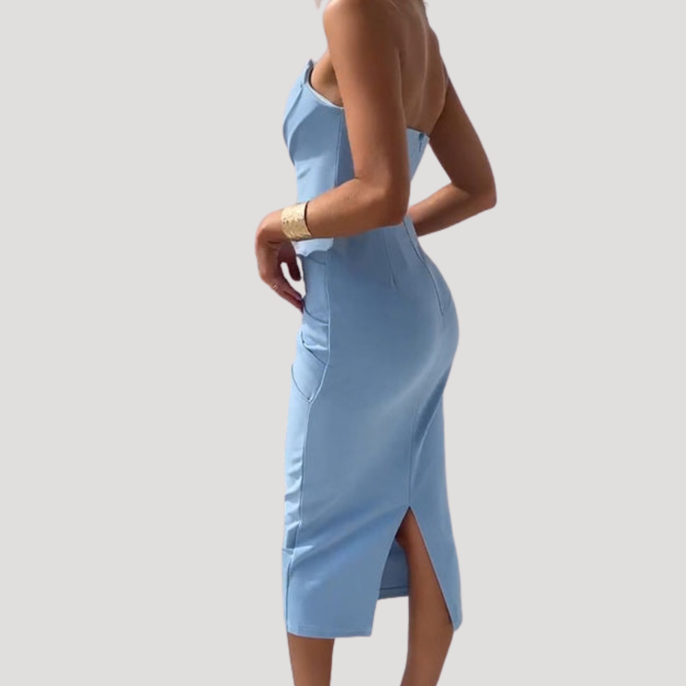 Solange | Women's Strapless Ruched Bodycon Midi Dress - Sky Blue - Image 2