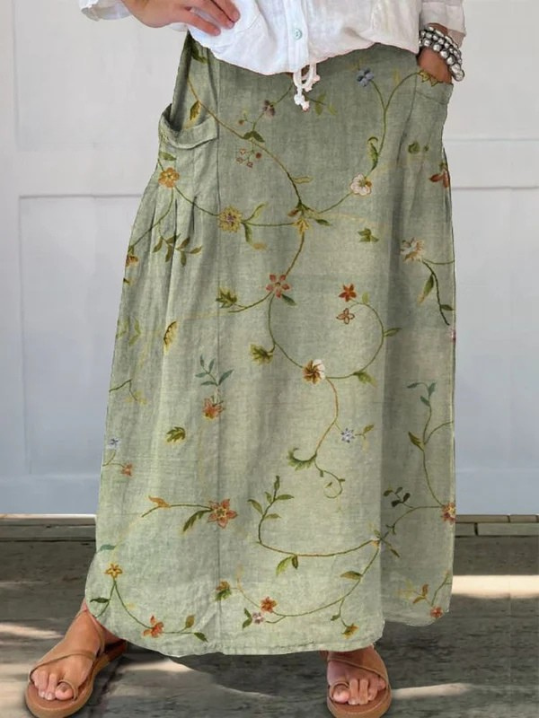 Solara | Women's Floral Elastic Waist Maxi Skirt - Green - Image 1