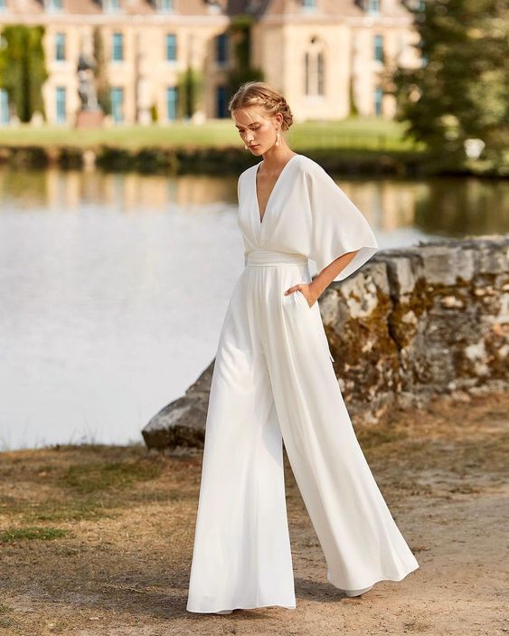 Solène | Women's V-Neck Flutter Sleeve Wide Leg Jumpsuit - White - Image 1