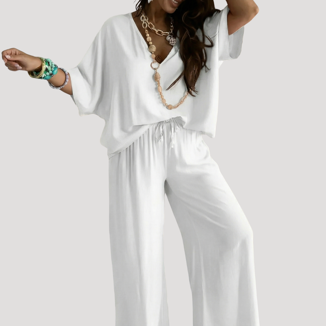 Solène | Women's V-Neck Wide Leg Two Piece Set - White - Image 1