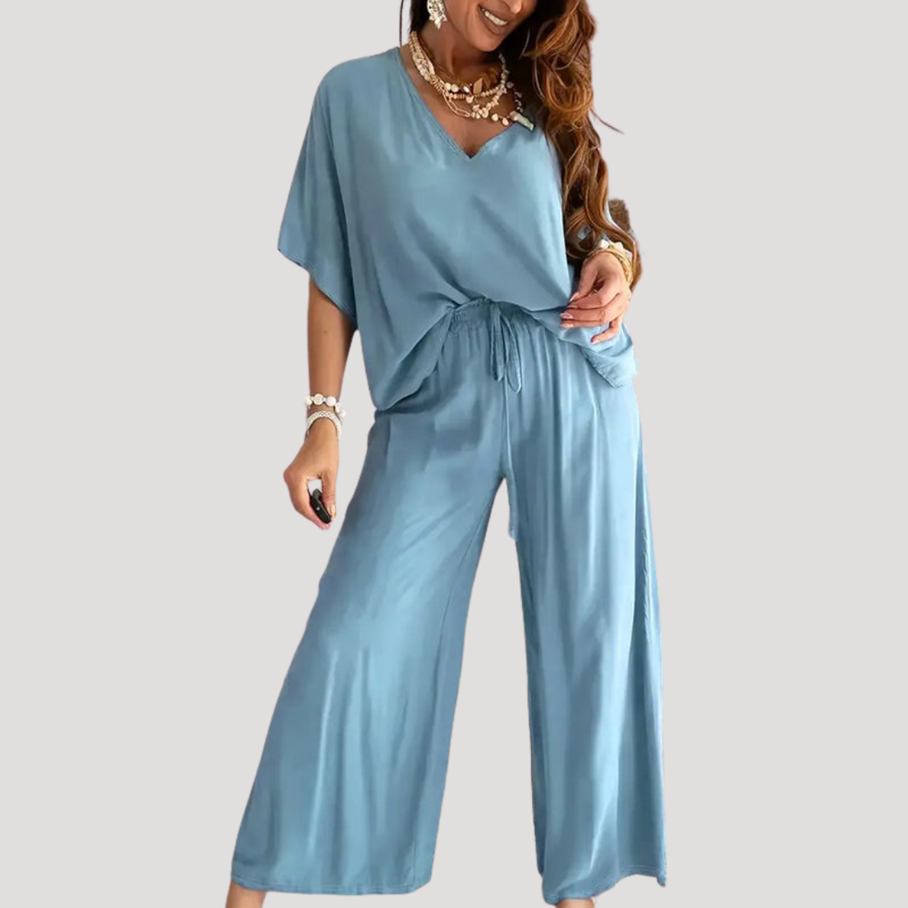 Solène | Women's V-Neck Wide Leg Two Piece Set - White - Image 2