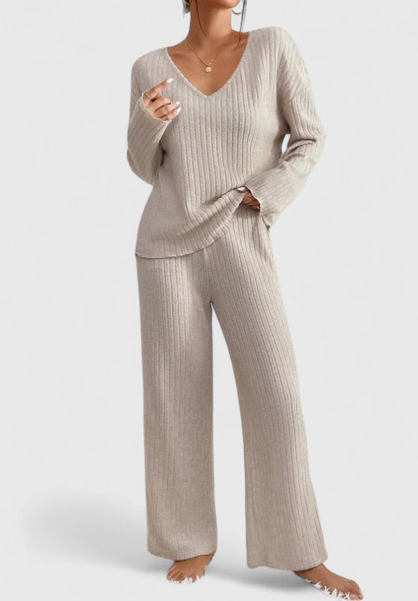 Solvaine | Women's Ribbed Knit Jumper Loungewear Set - Beige - Image 1