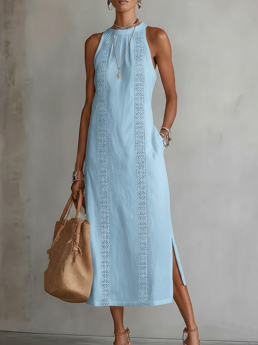 Soraya | Women's Sleeveless Lace Panel Midi Dress - Light Blue - Image 1