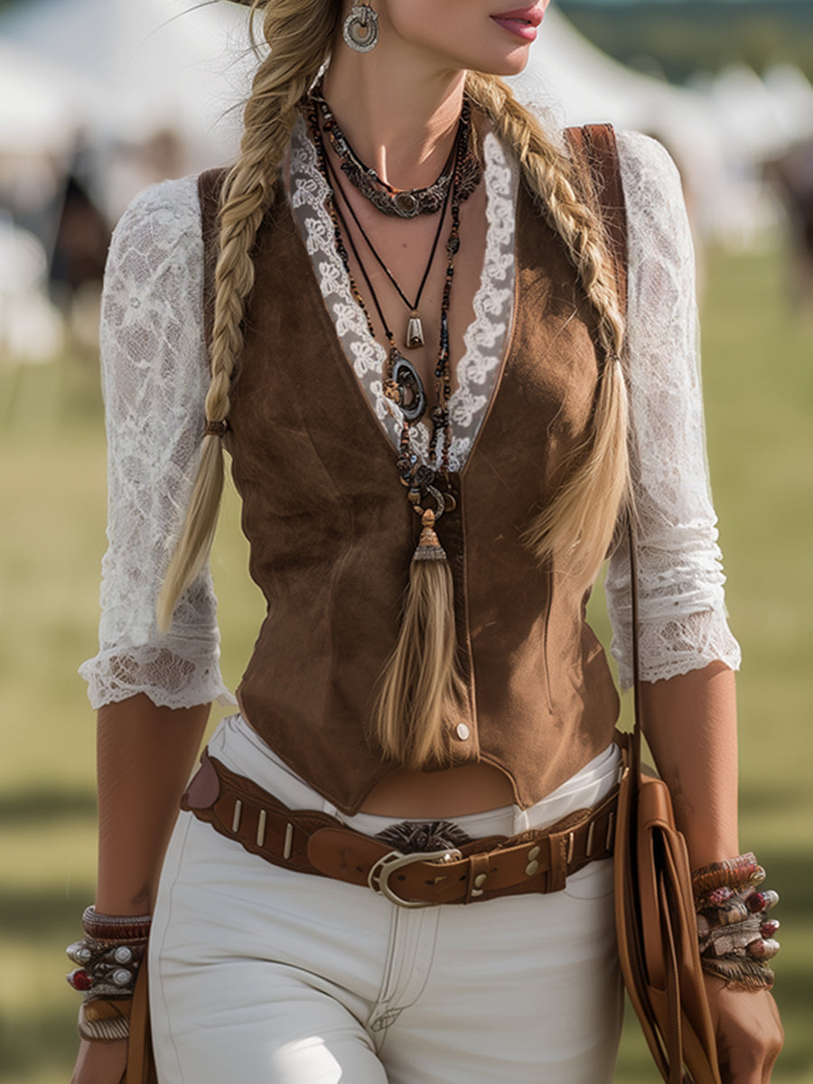 Sorcha | Women's Western Boho V-Neck Lace Sleeve Top - Brown - Image 1