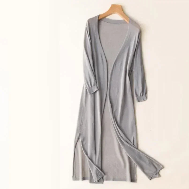 Sylvaine | Women's Long Open Front Duster Cardigan - Light Grey - Image 1