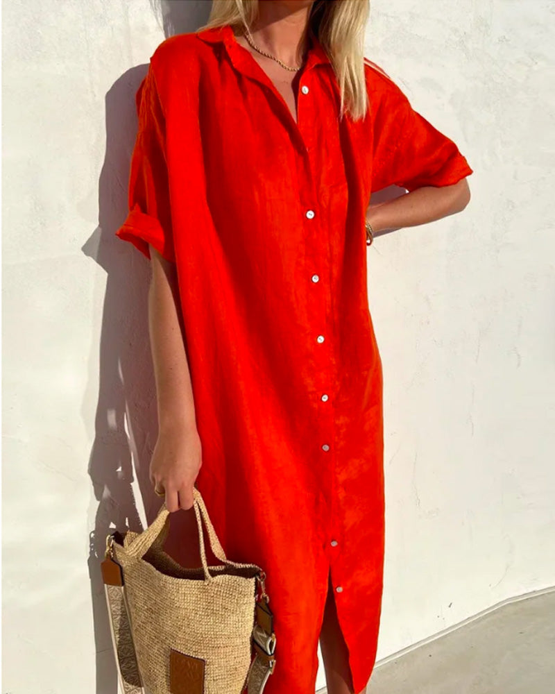 Sylvana | Women's Button-Up Midi Shirt Dress - Red - Image 1