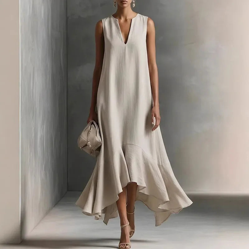 Sylvana | Women's V-Neck Sleeveless Ruffle Hem Midi Dress - Beige - Image 1