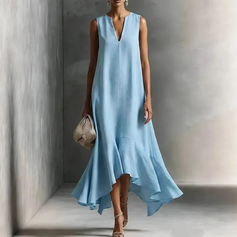 Sylvana | Women's V-Neck Sleeveless Ruffle Hem Midi Dress - Beige - Image 2
