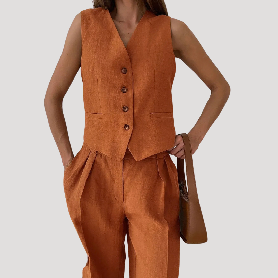 Sylvie | Women's Tailored Vest & Wide Leg Pants Set - Orange - Image 1