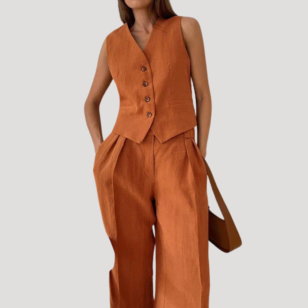 Sylvie | Women's Tailored Vest & Wide Leg Pants Set - Orange - Image 2