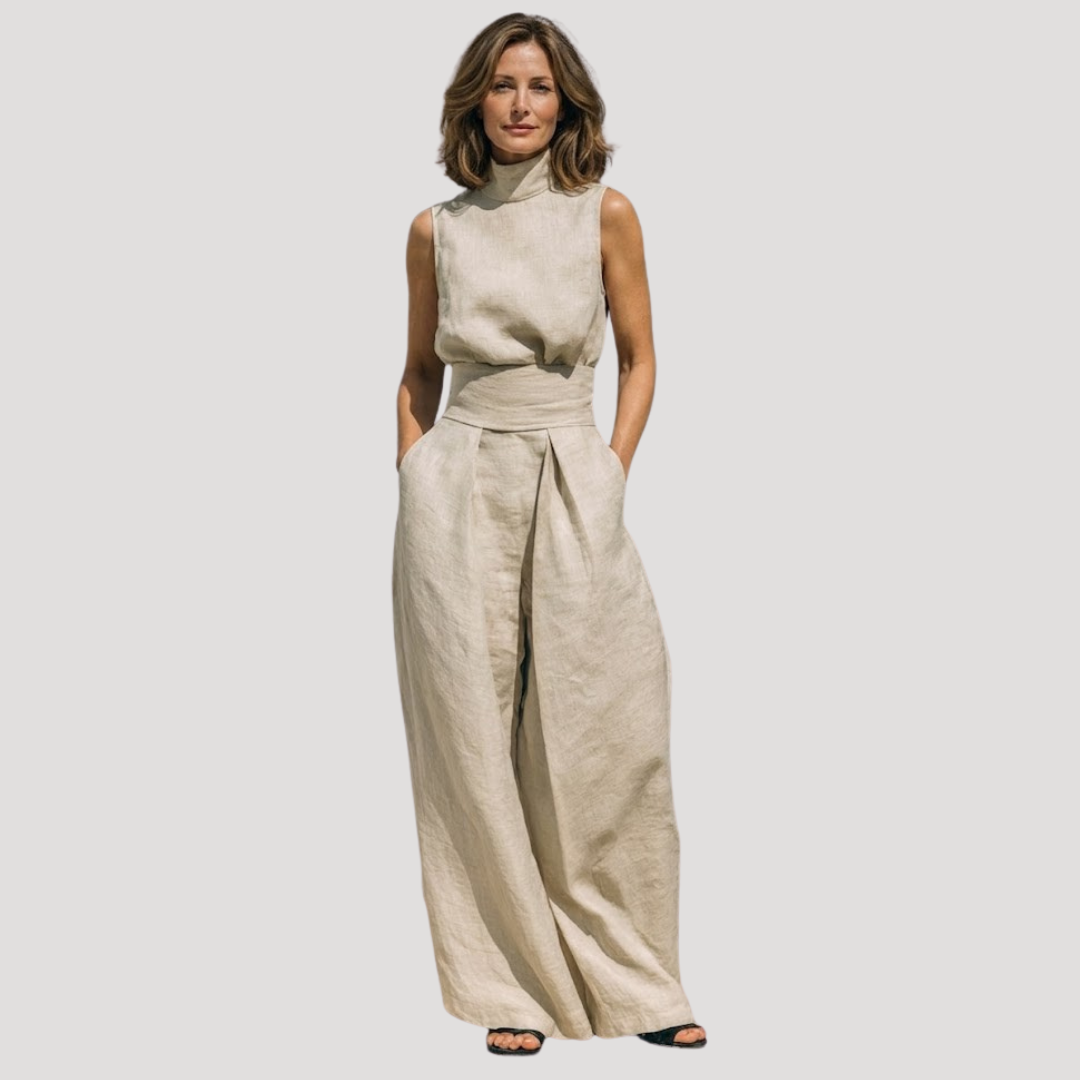 Tamsyn | Women's Sleeveless Mock Neck Wide Leg Set - Beige - Image 1