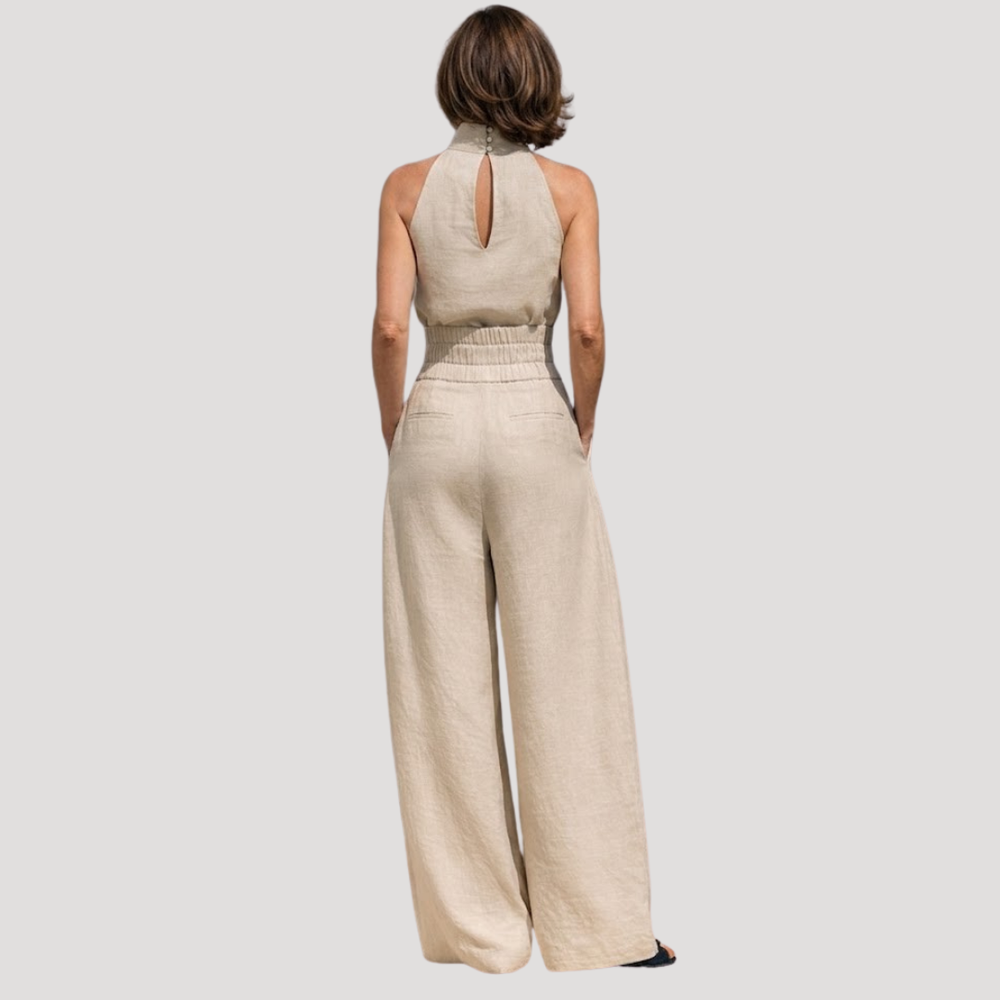 Tamsyn | Women's Sleeveless Mock Neck Wide Leg Set - Beige - Image 2