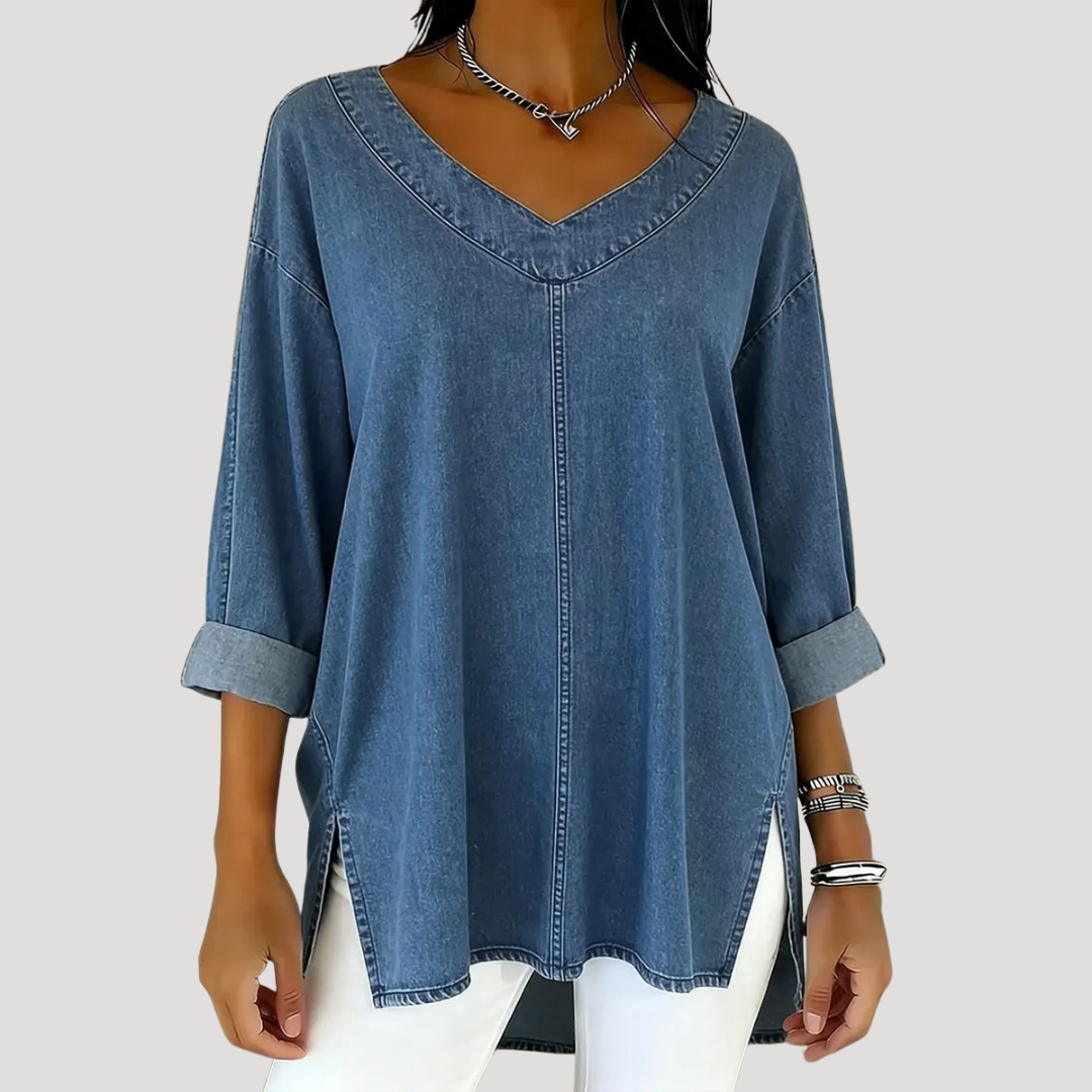 Tamsyn | Women's V-Neck 3/4 Sleeve Relaxed Tunic Top - Blue - Image 1