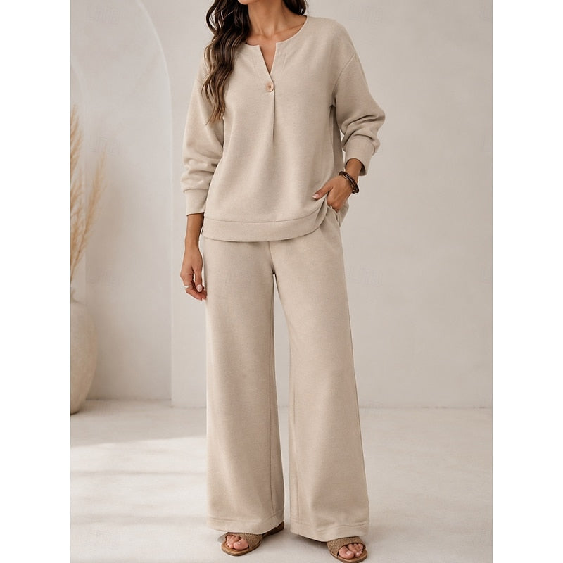 Tavindra | Women's Knit Lounge Set Wide Leg Trousers - Beige - Image 1