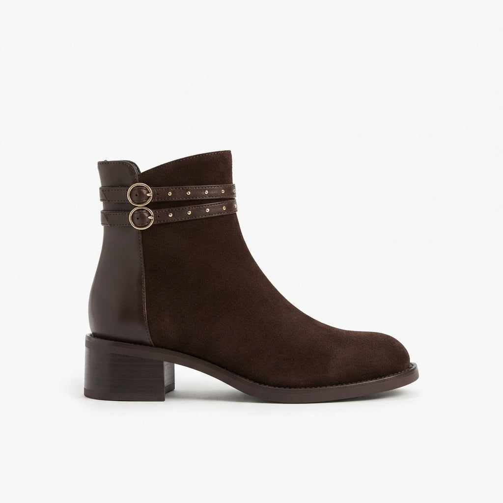 Telvaine | Women's Suede Ankle Boots Double Buckle - Dark Brown - Image 1