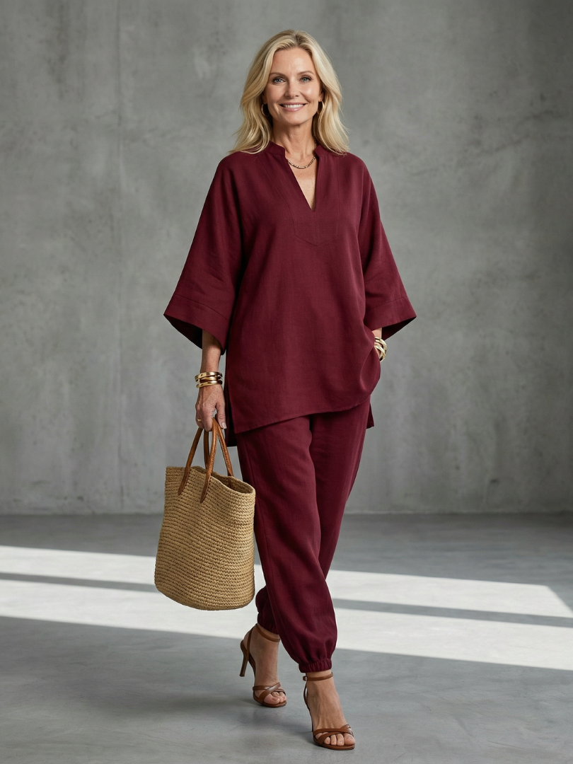 Telvara | Women's Lounge Co-ord Set Tunic & Trousers - Burgundy - Image 1