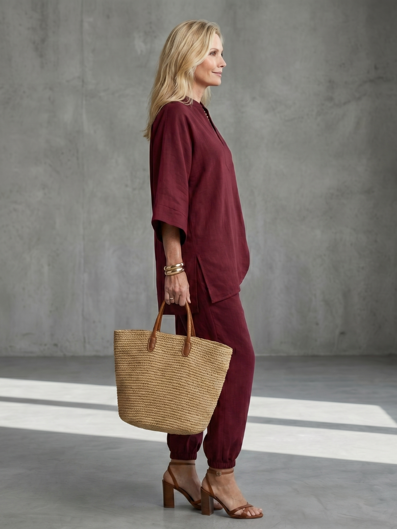 Telvara | Women's Lounge Co-ord Set Tunic & Trousers - Burgundy - Image 2