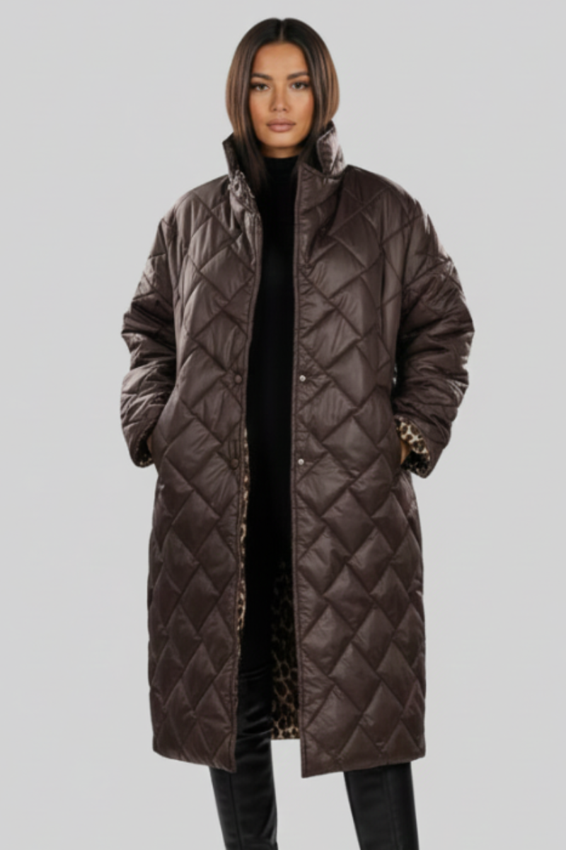 Telvorn | Women's Quilted Jacket Reversible Longline Coat - Dark Brown - Image 1