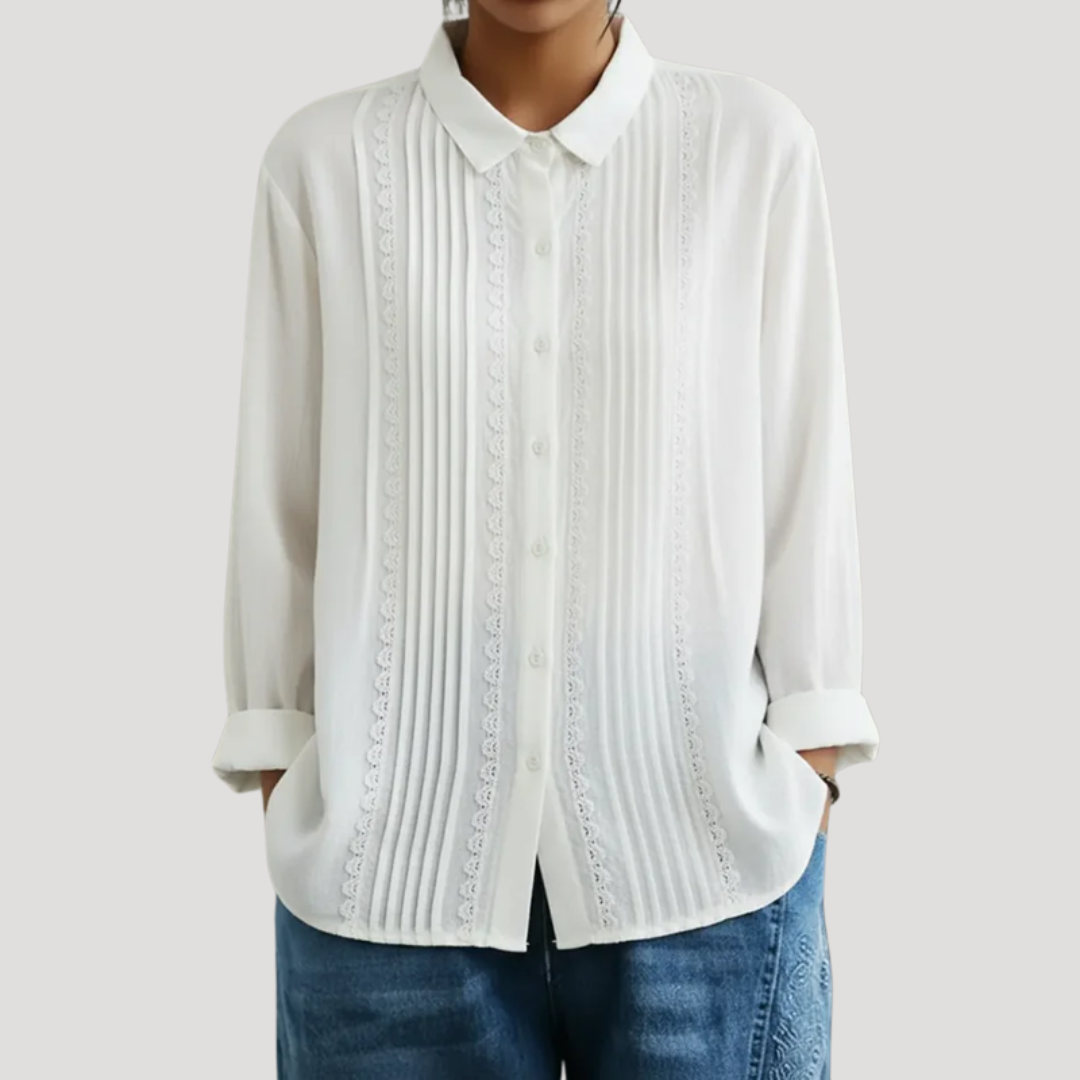 Théa | Women's Collared Pleated Lace Trim Long Sleeve Blouse - White - Image 1