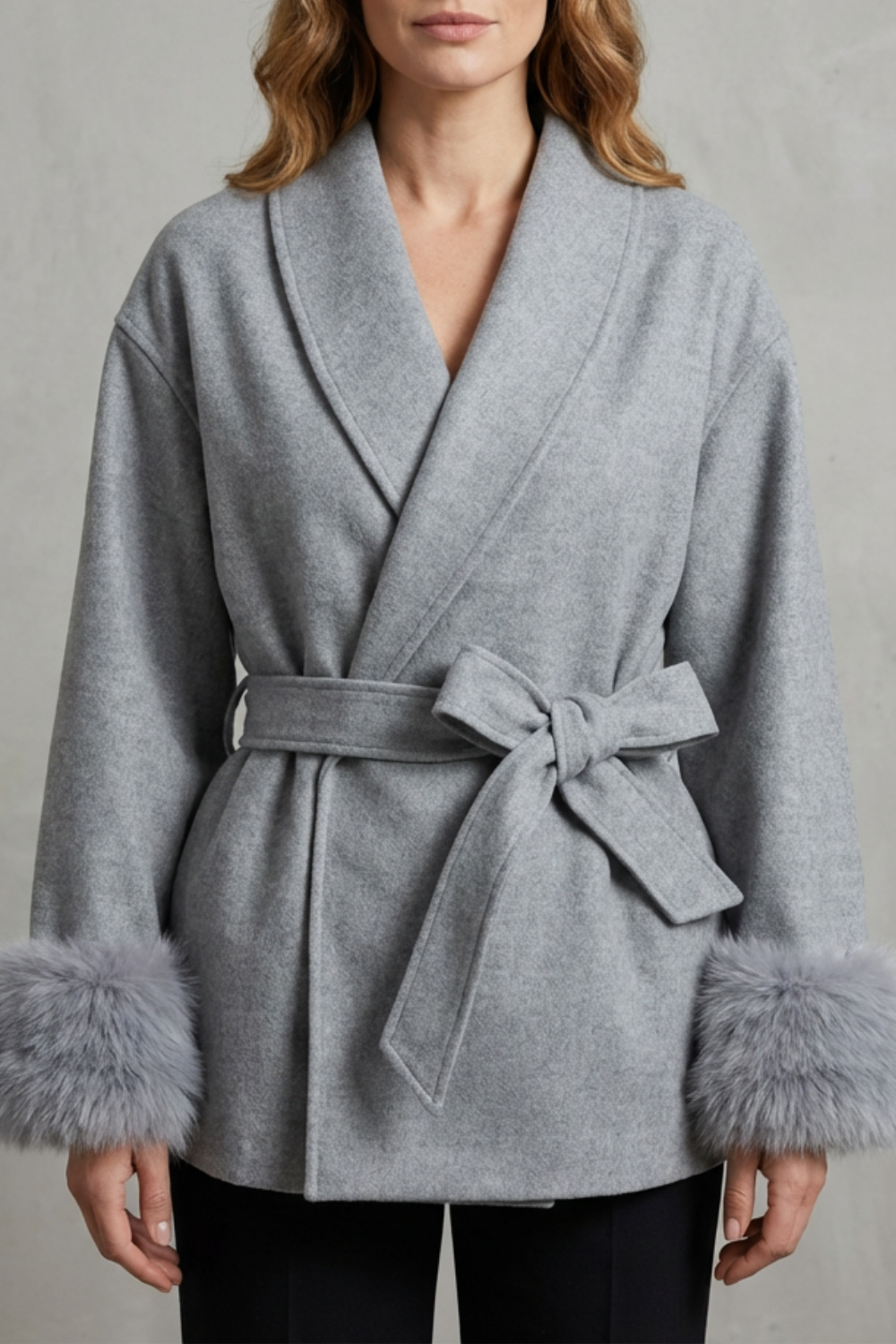 Thelvara | Women's Faux Fur Cuff Belted Wrap Coat - Light Grey - Image 1