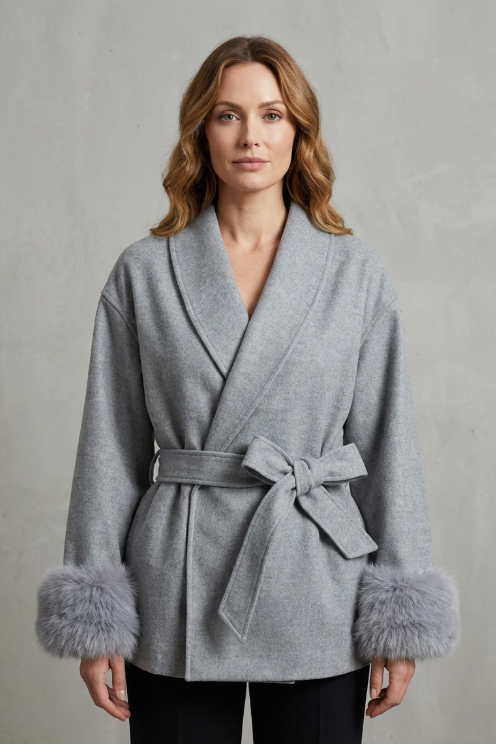 Thelvara | Women's Faux Fur Cuff Belted Wrap Coat - Light Grey - Image 2