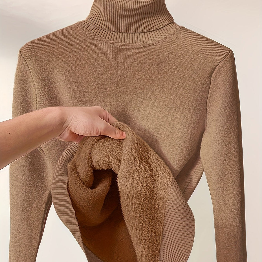 Thelvine | Women's Fleece-Lined Turtleneck Ribbed Jumper - Camel - Image 1
