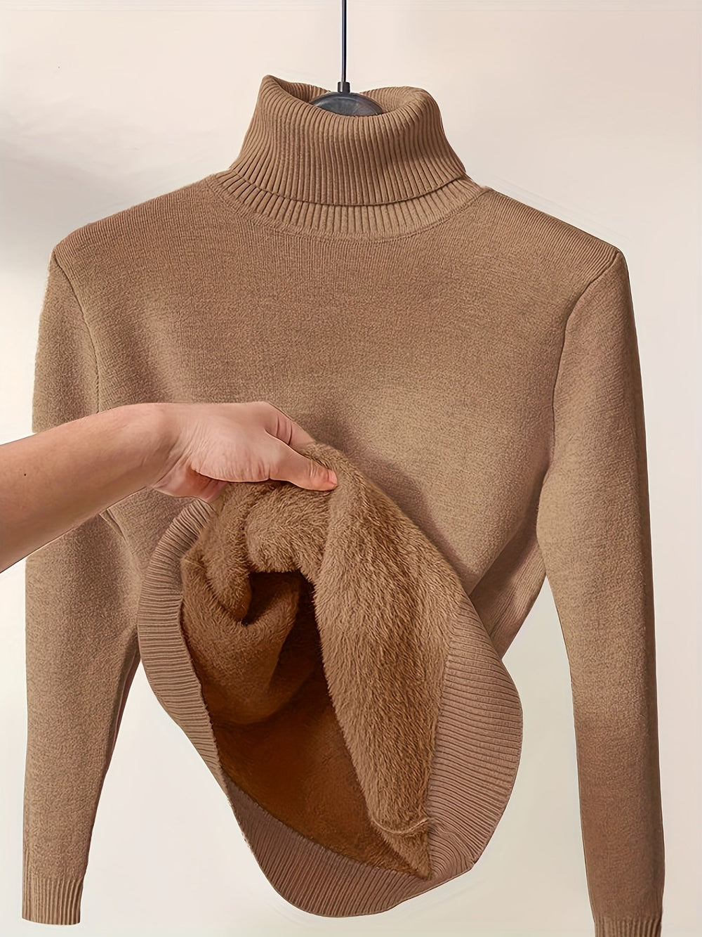 Thelvine | Women's Fleece-Lined Turtleneck Ribbed Jumper - Camel - Image 2