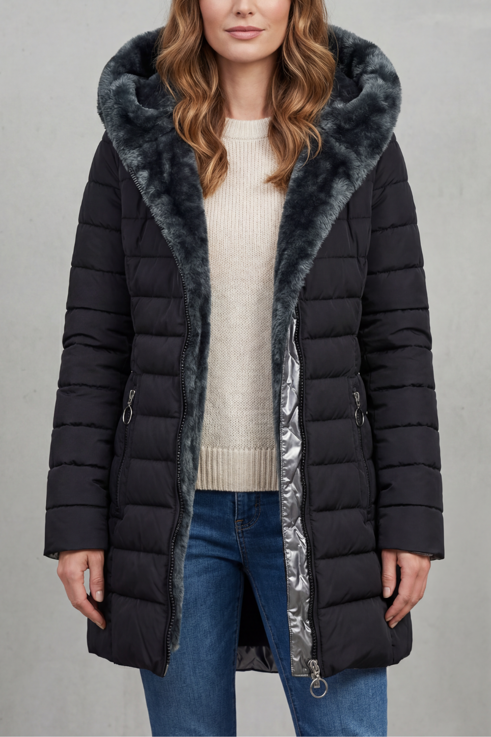 Thelvorne | Women's Faux Fur Lined Hooded Parka Winter Coat - Black - Image 1