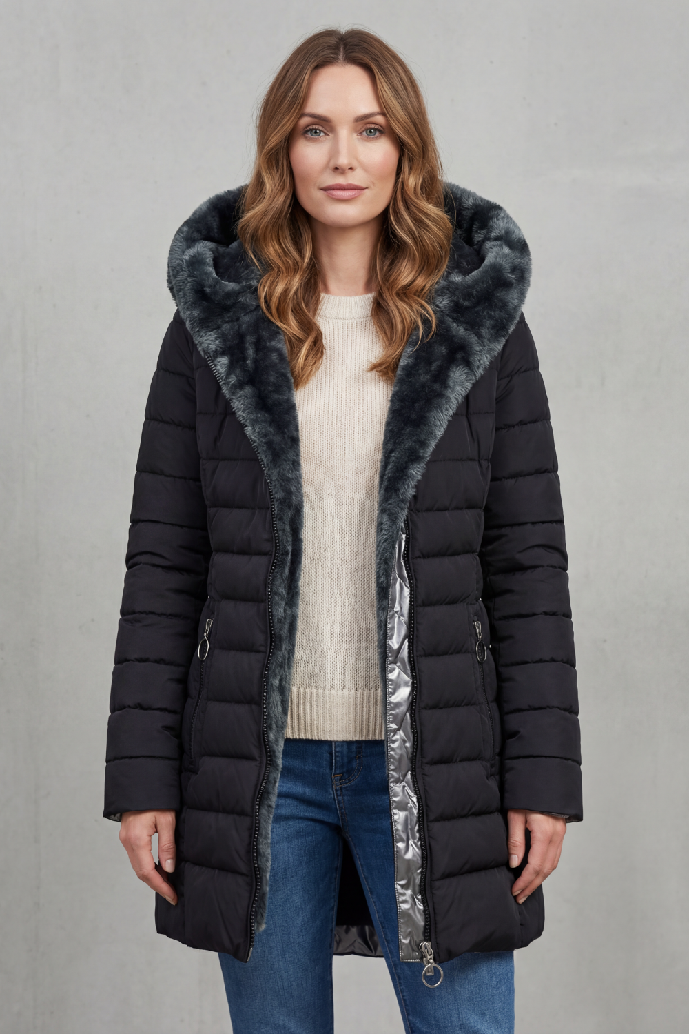 Thelvorne | Women's Faux Fur Lined Hooded Parka Winter Coat - Black - Image 2