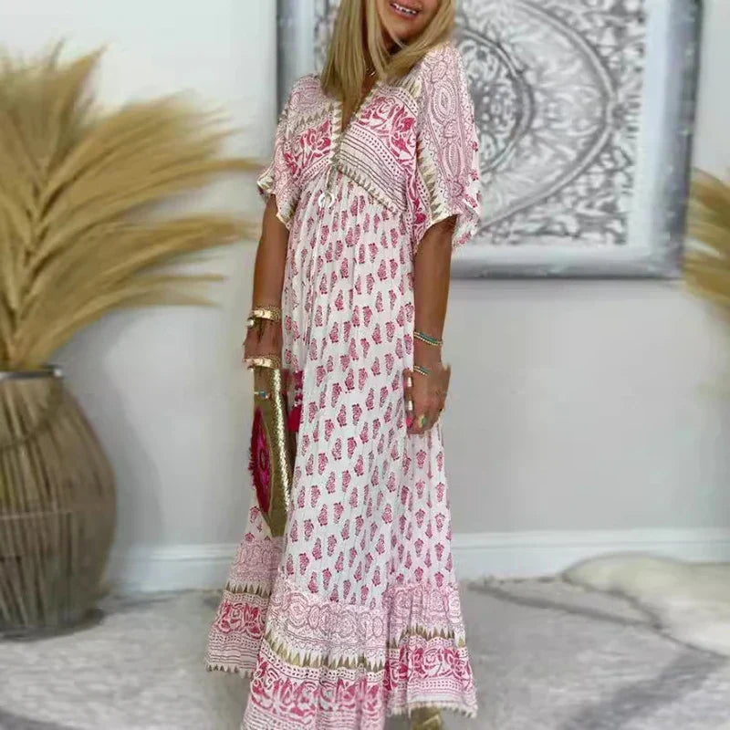Theodora | Women's Boho Short Sleeve Paisley Tassel Maxi Dress - Pink - Image 1