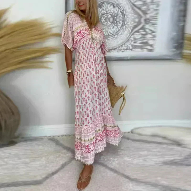 Theodora | Women's Boho Short Sleeve Paisley Tassel Maxi Dress - Pink - Image 2