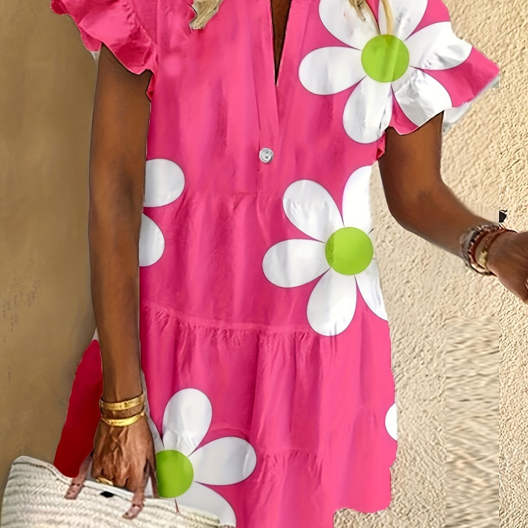 Theodora | Women's Floral Short Sleeve Midi Dress - Pink - Image 1