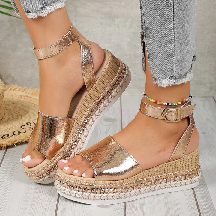 Theodora | Women's Platform Wedge Ankle Strap Sandals - Gold - Image 1