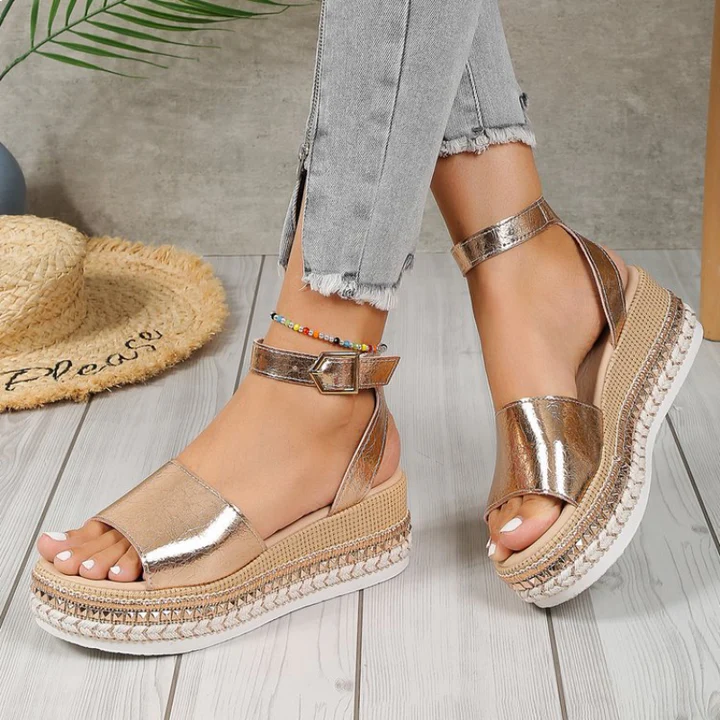 Theodora | Women's Platform Wedge Ankle Strap Sandals - Gold - Image 2